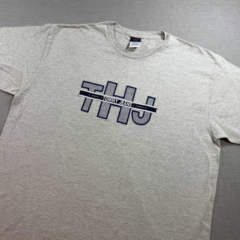 Tommy Jeans T-Shirt Mens‎ Large Gray Excellent Graphic Short Sleeve THJ Logo